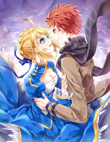 Anime picture 850x1092 with fate (series) fate/stay night type-moon artoria pendragon (all) saber emiya shirou soso tall image fringe short hair blue eyes blonde hair yellow eyes cleavage braid (braids) parted lips light smile orange hair couple tears