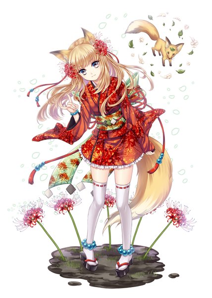 Anime picture 1250x1750 with original unohanatei single long hair tall image simple background blonde hair white background animal ears yellow eyes tail traditional clothes japanese clothes animal tail fox ears fox tail fox girl fox shadow puppet girl thighhighs