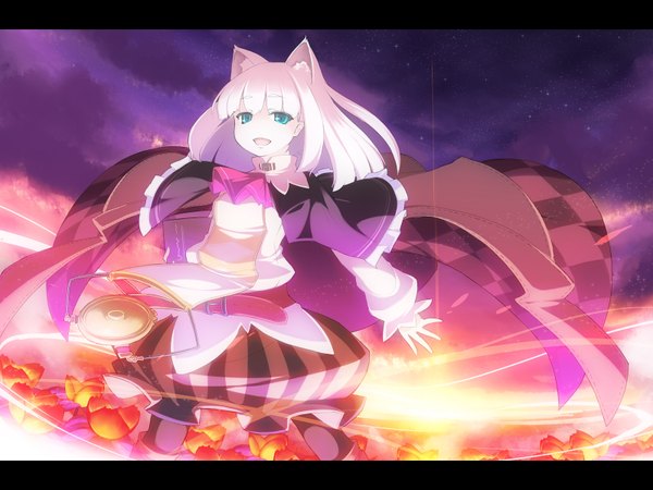 Anime picture 1600x1200 with 7th dragon mage (7th dragon) asakura masatoki single looking at viewer fringe short hair open mouth animal ears sky white hair aqua eyes cat girl wallpaper magic girl cape