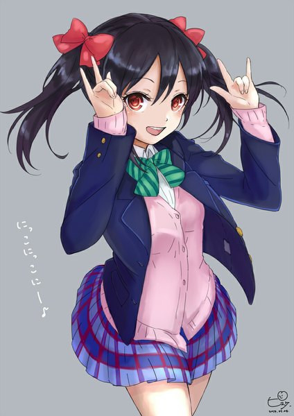 Anime picture 700x990 with love live! school idol project sunrise (studio) love live! yazawa nico pisuke single long hair tall image looking at viewer open mouth black hair simple background red eyes twintails signed pleated skirt grey background plaid skirt mmm girl