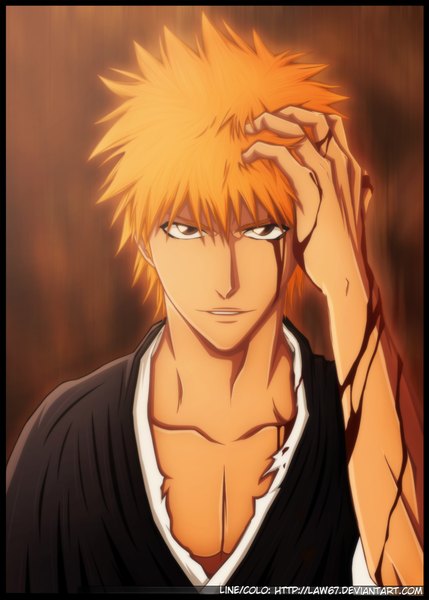 Anime picture 930x1300 with bleach studio pierrot kurosaki ichigo law67 single tall image looking at viewer short hair brown eyes traditional clothes japanese clothes light smile orange hair coloring torn clothes portrait face framed boy kimono