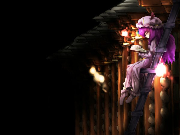 Anime picture 1280x960 with touhou patchouli knowledge single purple hair girl ribbon (ribbons) hat socks book (books) corocoma
