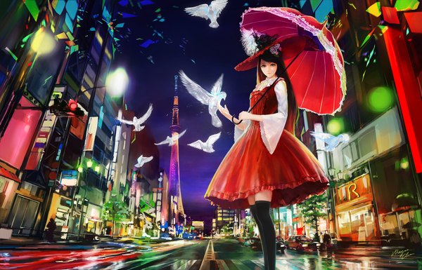 Anime picture 1980x1272 with original wayne chan long hair looking at viewer highres blue eyes black hair night city cityscape girl thighhighs dress hair ornament black thighhighs hat animal bird (birds) umbrella ground vehicle