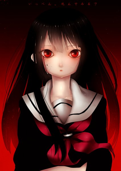 Anime picture 1000x1412 with hell girl studio deen enma ai yamaki suzume long hair tall image looking at viewer black hair red eyes red background girl serafuku blood