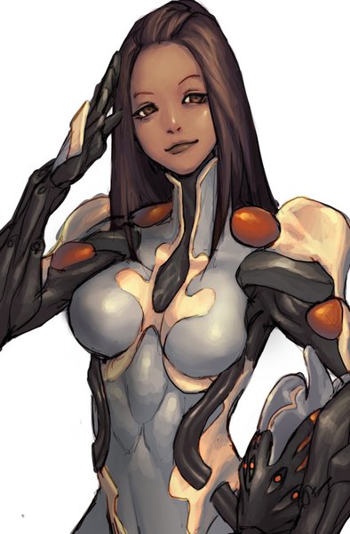 Anime picture 1024x1557 with warframe ember (warframe) tagme (artist) single long hair tall image simple background brown hair white background brown eyes light smile salute girl armor bodysuit helmet