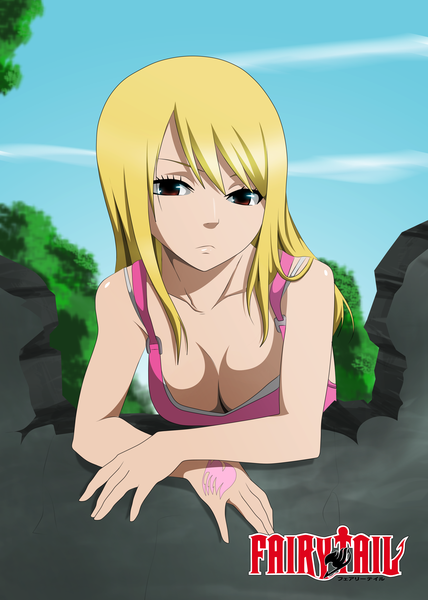 Anime picture 2415x3385 with fairy tail lucy heartfilia lworldchiefl single long hair tall image highres light erotic blonde hair brown eyes sky cloud (clouds) inscription tattoo coloring girl plant (plants) tree (trees)