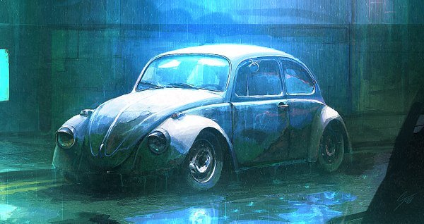 Anime picture 1300x691 with original volkswagen antifan real (artist) wide image no people glow ground vehicle car road