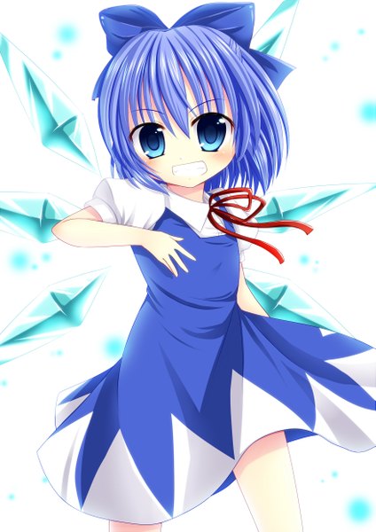 Anime picture 1753x2480 with touhou cirno asazuki kanai tall image highres short hair blue eyes smile blue hair loli grin girl dress bow hair bow wings