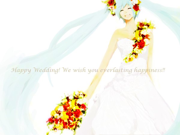 Anime picture 1600x1200 with vocaloid hatsune miku meola single open mouth simple background white background twintails eyes closed very long hair hair flower aqua hair inscription happy girl dress hair ornament flower (flowers) white dress bouquet