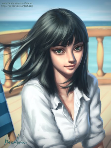 Anime picture 1200x1600 with one piece toei animation nico robin gohpot single tall image looking at viewer fringe short hair black hair green eyes signed blunt bangs from above wind open collar girl shirt white shirt sea