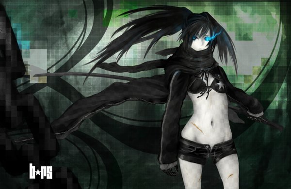 Anime picture 1228x800 with black rock shooter black rock shooter (character) robo8 single long hair blue eyes black hair glowing scar glowing eye (eyes) girl gloves navel weapon sword shorts katana chain cloak bikini top