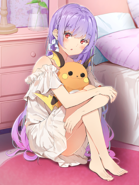 Anime picture 752x1000 with pokemon original nintendo raichu agnamore single long hair tall image looking at viewer blush fringe open mouth red eyes sitting bare shoulders purple hair full body bent knee (knees) blunt bangs braid (braids)