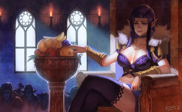 Anime picture 2200x1357 with original kalata long hair highres breasts blue eyes wide image sitting purple hair lips pointy ears elf girl thighhighs earrings choker fruit