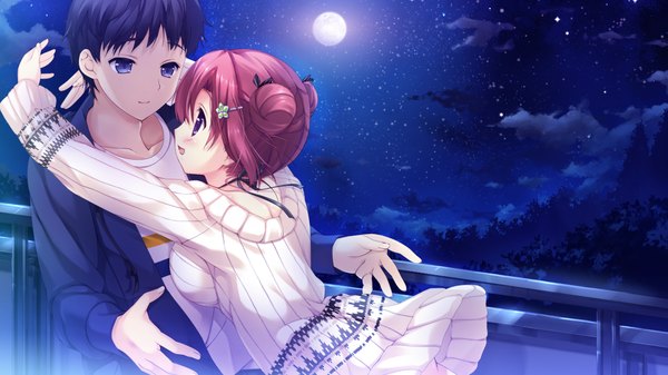 Anime picture 1280x720 with hoshi no ne sanctuary katsuragi ria naruse hirofumi blush short hair open mouth smile wide image purple eyes game cg cloud (clouds) red hair night night sky couple eye contact girl boy skirt hair ornament