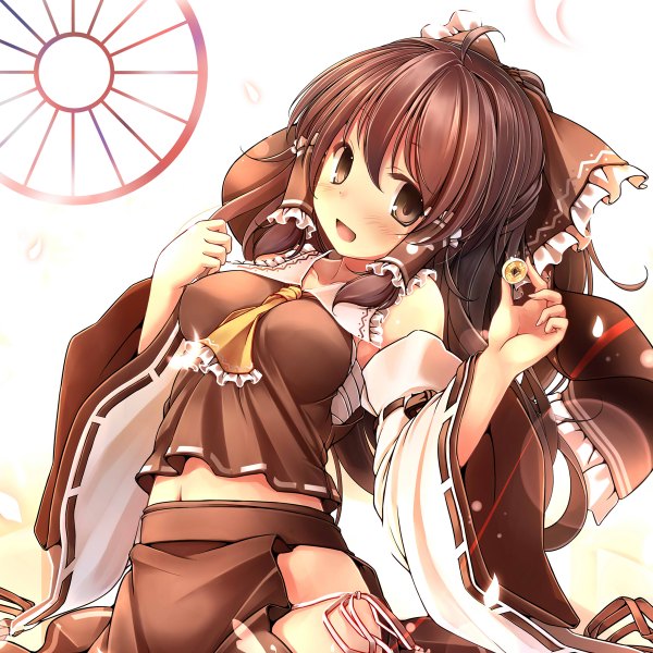 Anime picture 1200x1200 with touhou hakurei reimu kaisu single long hair blush open mouth light erotic brown hair brown eyes midriff miko girl skirt bow hair bow detached sleeves petals skirt set coin (coins)