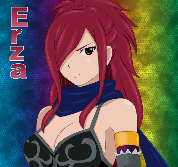 Anime picture 2000x1880 with fairy tail erza knightwalker single long hair fringe highres simple background purple eyes red hair hair over one eye inscription coloring girl scarf