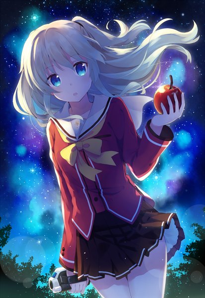 Anime picture 1000x1450 with charlotte p.a. works tomori nao nonono (nononotea) single long hair tall image looking at viewer holding white hair pleated skirt wind night two side up night sky girl skirt uniform school uniform miniskirt