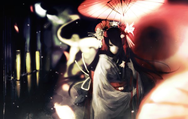 Anime picture 1200x756 with original iori (yakata-bako) single fringe black hair looking away traditional clothes japanese clothes hair flower grey eyes light girl hair ornament flower (flowers) petals kimono umbrella