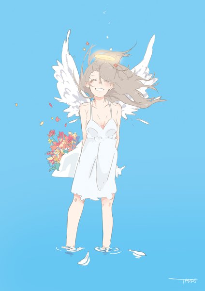 Anime picture 2894x4093 with original taisos single long hair tall image blush highres simple background smile brown hair bare shoulders signed eyes closed wind blue background angel wings white wings angel girl dress