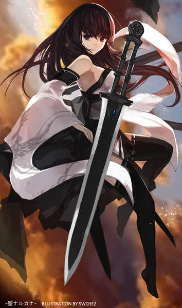 Anime picture 850x1440 with eien no aselia seinarukana narukana swd3e2 single long hair tall image looking at viewer brown hair brown eyes sky cloud (clouds) traditional clothes japanese clothes inscription midair girl weapon detached sleeves sword