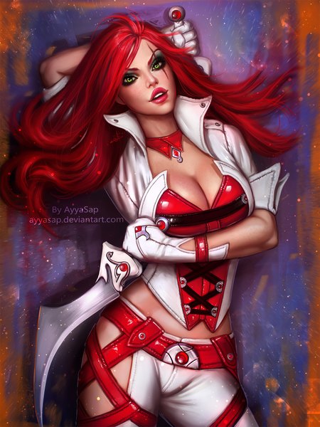 Anime picture 1536x2048 with league of legends katarina (league of legends) ayyasap single long hair tall image looking at viewer breasts light erotic green eyes cleavage red hair parted lips realistic teeth lipstick scar red lipstick girl weapon