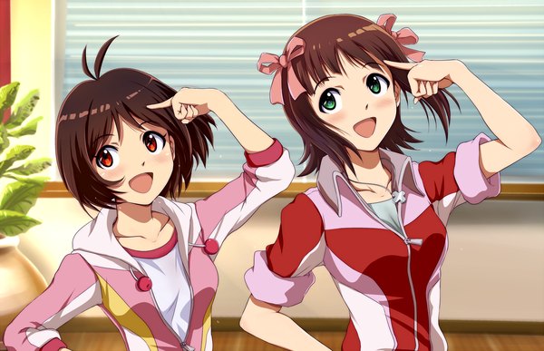 Anime picture 1705x1100 with idolmaster idolmaster dearly stars amami haruka hidaka ai hina (araburu-hinadori) blush highres short hair open mouth black hair red eyes multiple girls green eyes ahoge girl bow 2 girls hair bow