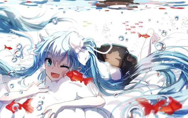 Anime picture 1600x1006 with vocaloid hatsune miku bottle miku qys3 single looking at viewer open mouth twintails lying very long hair one eye closed barefoot aqua eyes wink aqua hair depth of field on stomach underwater revision liquid hair