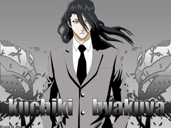 Anime picture 1600x1200 with bleach studio pierrot kuchiki byakuya single long hair looking at viewer fringe black hair hair between eyes signed grey background character names third-party edit hands in pockets boy necktie suit