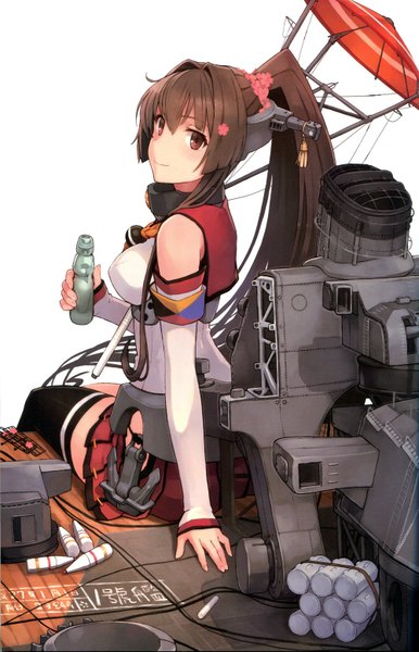Anime picture 1000x1553 with kantai collection yamato super battleship shizuma yoshinori single tall image looking at viewer blush fringe simple background smile brown hair white background sitting brown eyes ponytail very long hair looking back official art girl hair ornament