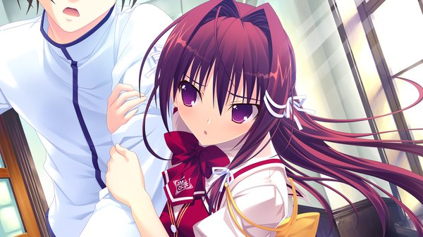 Anime picture 1280x720 with amakan (game) washio rin long hair wide image purple eyes game cg purple hair girl uniform school uniform