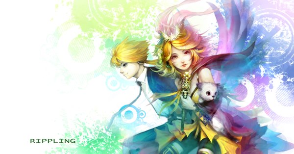 Anime picture 1200x629 with vocaloid kagamine rin kagamine len youshun (naturaljuice) short hair blonde hair smile red eyes wide image bare shoulders lips girl dress boy animal cat staff