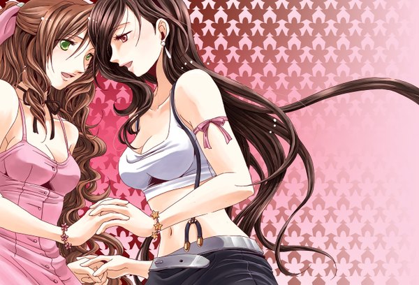 Anime picture 1322x900 with final fantasy vii tifa lockhart aerith gainsborough ska long hair blush open mouth red eyes brown hair multiple girls green eyes holding hands shoujo ai girl dress navel 2 girls earrings bracelet crop top