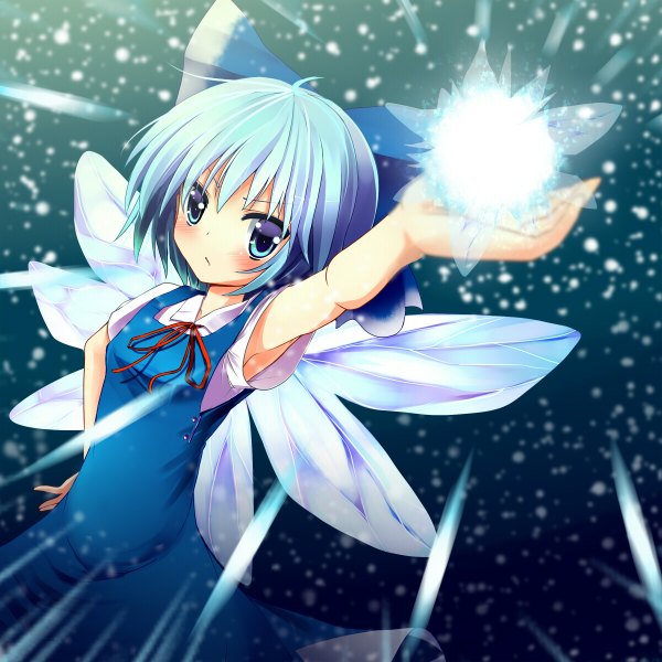 Anime picture 1200x1200 with touhou cirno ikuodx (artist) single blush short hair blue eyes blue hair magic girl dress bow hair bow wings