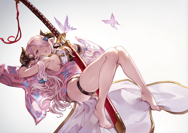 Anime picture 1868x1317 with granblue fantasy narmaya (granblue fantasy) minaba hideo single long hair looking at viewer highres breasts blue eyes light erotic pink hair lying horn (horns) pointy ears legs gradient background tress ribbon knees touching draph girl
