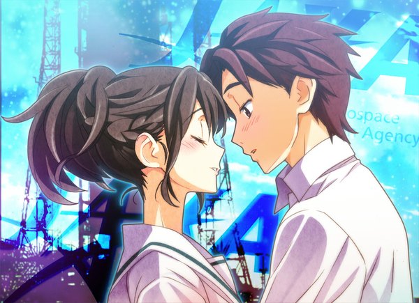 Anime picture 1000x726 with robotics;notes production i.g senomiya akiho yashio kaito nyoronyoro blush short hair red eyes brown hair eyes closed couple girl boy uniform school uniform