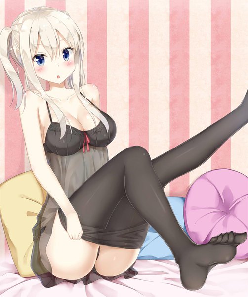 Anime picture 1200x1433 with kantai collection graf zeppelin (kantai collection) rong yi tan single long hair tall image looking at viewer blush fringe breasts open mouth blue eyes light erotic hair between eyes sitting twintails payot bent knee (knees) white hair :o