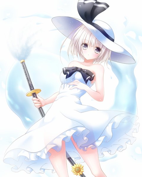 Anime picture 800x1000 with touhou konpaku youmu myon osashin (osada) single tall image looking at viewer blush short hair simple background white background bare shoulders silver hair silver eyes girl dress weapon hat sword white dress