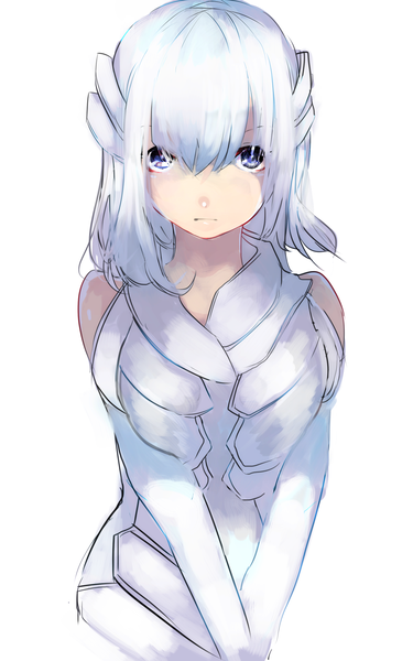 Anime picture 1954x3126 with original tarbo (exxxpiation) single long hair tall image looking at viewer fringe highres blue eyes simple background white background bare shoulders blue hair alternate costume girl gloves elbow gloves white gloves
