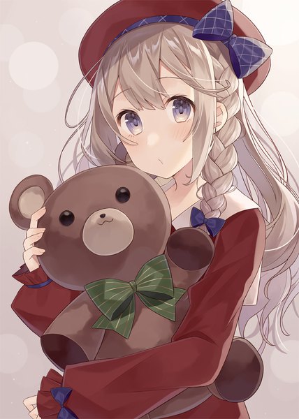 Anime picture 774x1086 with original nagitoki single long hair tall image looking at viewer blush purple eyes upper body braid (braids) grey hair side braid girl bow hair bow toy beret stuffed animal stuffed toy teddy bear