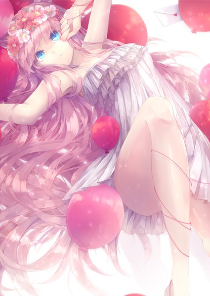 Anime picture 850x1200 with vocaloid just be friends (vocaloid) megurine luka lyodi (artist) single long hair tall image looking at viewer fringe blue eyes bare shoulders pink hair lying barefoot hair flower from above bare legs armpit (armpits) no shoes girl