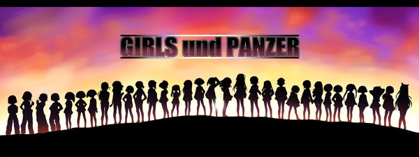 Anime picture 5027x1900 with girls und panzer tagme (character) highres short hair wide image multiple girls cloud (clouds) inscription 6+ girls silhouette girl