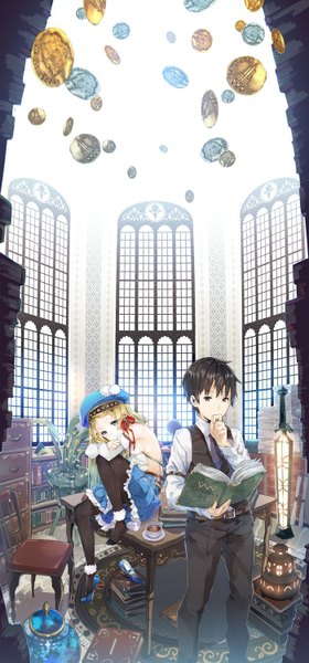 Anime picture 700x1500 with yuugen tall image short hair blue eyes black hair blonde hair brown eyes girl dress boy detached sleeves pantyhose window book (books) chair table coin (coins)