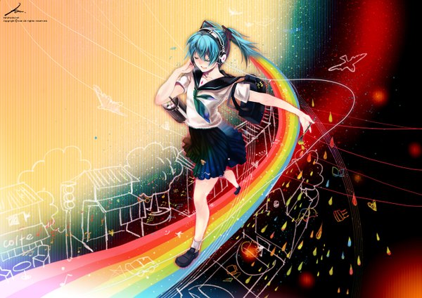 Anime picture 1440x1018 with vocaloid hatsune miku kaninnvven twintails eyes closed painting girl serafuku headphones bag rainbow