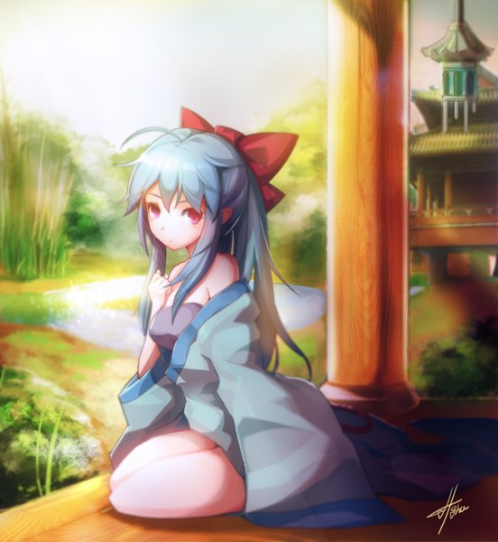 Anime-Bild 2000x2174 mit original ha-gha single long hair tall image looking at viewer fringe highres breasts sitting bare shoulders ahoge traditional clothes japanese clothes pink eyes wide sleeves girl bow hair bow kimono