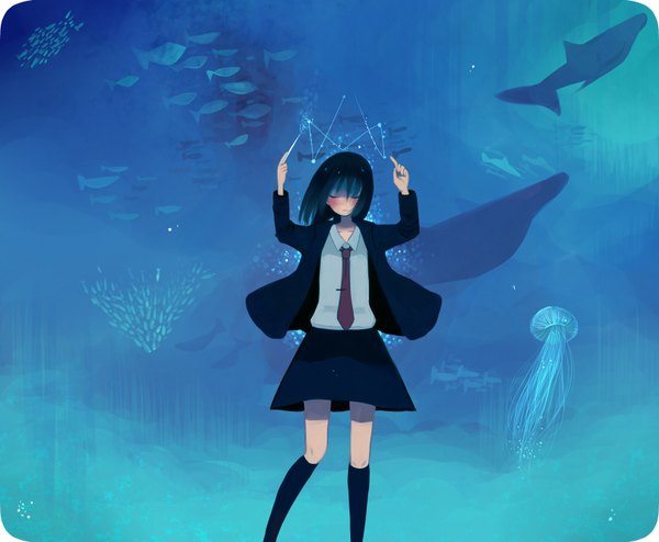 Anime picture 1700x1402 with original bisco blush black hair eyes closed magic girl skirt socks necktie fish (fishes) jellyfish