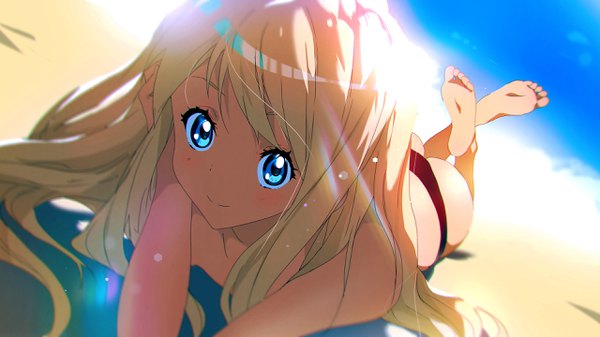 Anime picture 2560x1440 with k-on! kyoto animation kotobuki tsumugi tom skender single long hair looking at viewer highres blue eyes light erotic blonde hair smile wide image sky ass lying barefoot sunlight shadow beach