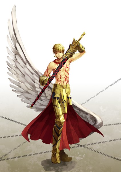 Anime picture 1200x1700 with fate (series) fate/stay night fate/hollow ataraxia studio deen type-moon gilgamesh (fate) tagme (artist) single tall image short hair simple background blonde hair red eyes white background holding glowing topless muscle thighhighs boy