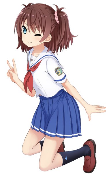 Anime picture 600x950 with high school fleet ogasawara hikari abe kanari single tall image looking at viewer short hair blue eyes simple background smile brown hair white background full body pleated skirt one eye closed wink two side up kneeling victory girl