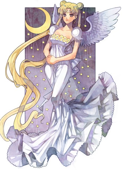 Anime picture 1132x1592 with bishoujo senshi sailor moon toei animation tsukino usagi princess serenity arutera single tall image blush blonde hair twintails very long hair grey eyes angel wings crescent girl dress earrings white dress star (symbol)