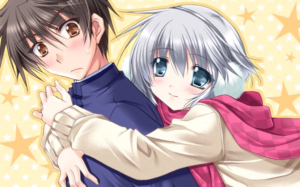 Anime picture 1024x640 with hatsukoi yohou (game) blush short hair blue eyes black hair wide image brown eyes game cg grey hair couple girl boy